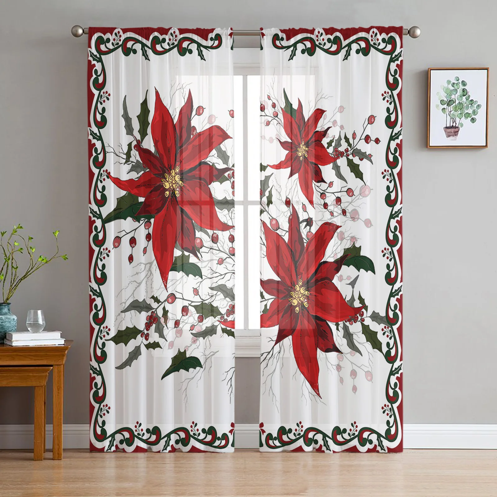 

Christmas Winter Poinsettia Window Tulle Curtains for Living Room Kitchen Christmas Home Decor Sheer Voile Curtains