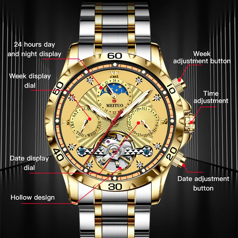 GLENAW Original Luxury Brand Automatic Watch for Men Mechanical Gold Stainless Steel Strap Diamond Wrist Watches with Date Day