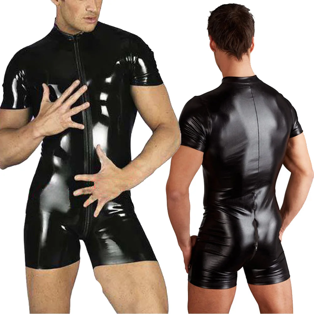 

Men's Sexy Jumpsuit Wetlook Faux Leather Bodysuit Zipper Open Crotch Singlet Lingerie Gay Playsuit Fetish Sex Costumes Clubwear