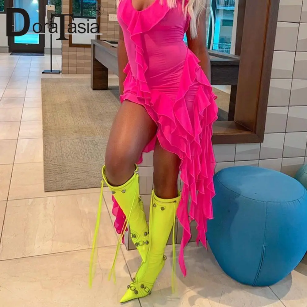 

New Ladies Knee High Boots Fashion Pointed Toe Rivets Tassels Stilettos High Heels women's Boots Party Sexy Dressy Shoes Woman