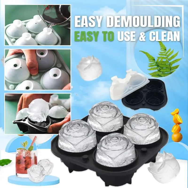 Hard-To-Melt Oversized Rose Ice Cube Mold 4 Cells Big Silicone Ice Cube Maker Easy-Release Rose Shaped Ice Cube Trays Molds