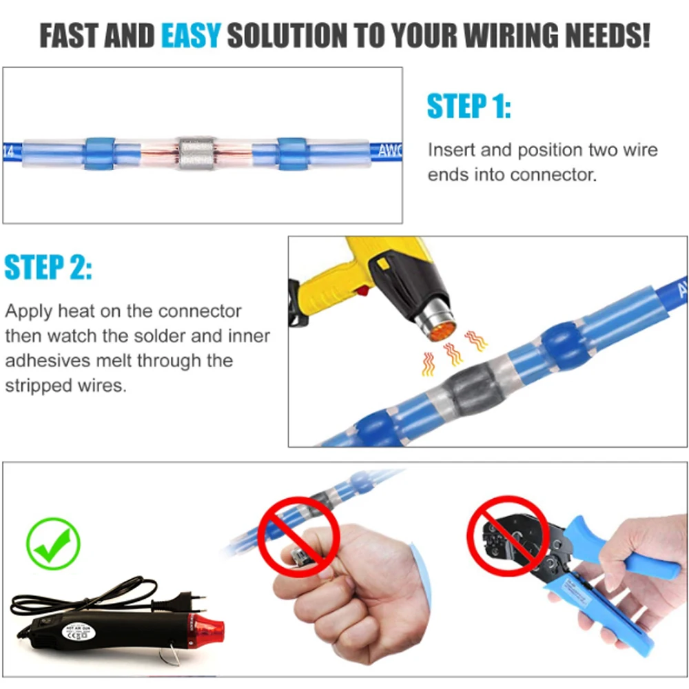 150pcs Solder Seal Wire Connectors 3:1 Heat Shrink Insulated Electrical Wires Terminals Butt Splice Waterproof Hot Air Heat Gun 6