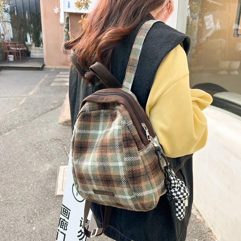 

Backpack Retro Woolen Cloth Plaid Large Capacity Casual Zipper Storage Bags for Women Outdoor Travel Student Purses and Handbags