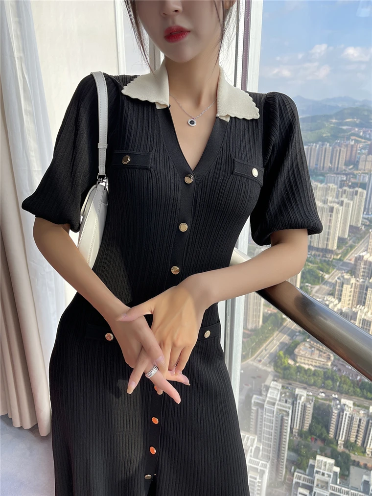 Autumn Elegant Knitted Dresses for Women Patchwork V-neck Puff Sleeve Single Breasted Midi Dress Fashion Ladies Vestidos Femme