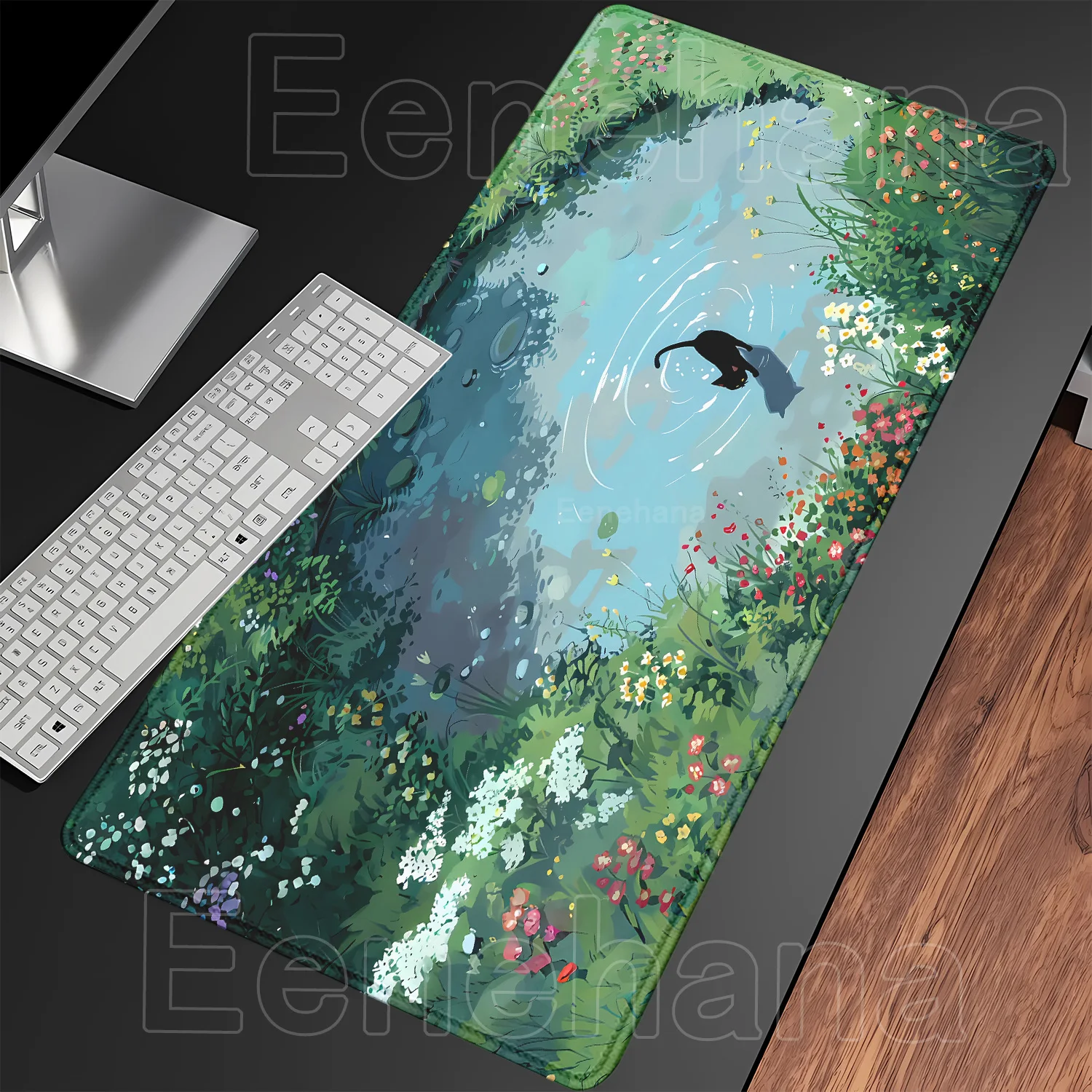 The Black Cat Flower Starry Sky Tastatur-Mauspad, Kawaii-Kunststil-Muster, PC-Gamer-Teppich, Büro-Accessoires, Teppich, Schreibtischunterlage für Zuhause