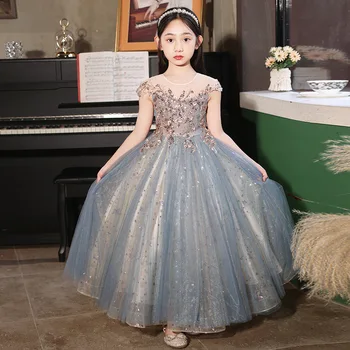 Champagne sequin embroidery Teenagers Kids Girls Wedding Long Girl Dress elegant Princess Party Pageant Formal Dress Baby dress 1