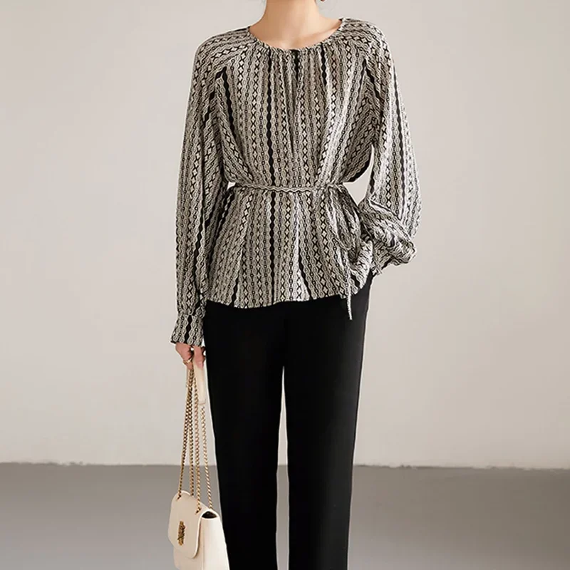 

Spring New Vintage Printing Temperament Women's Clothing Simple Lace Up Long Sleeve Round Neck Commuter Versatile Pullover Shirt