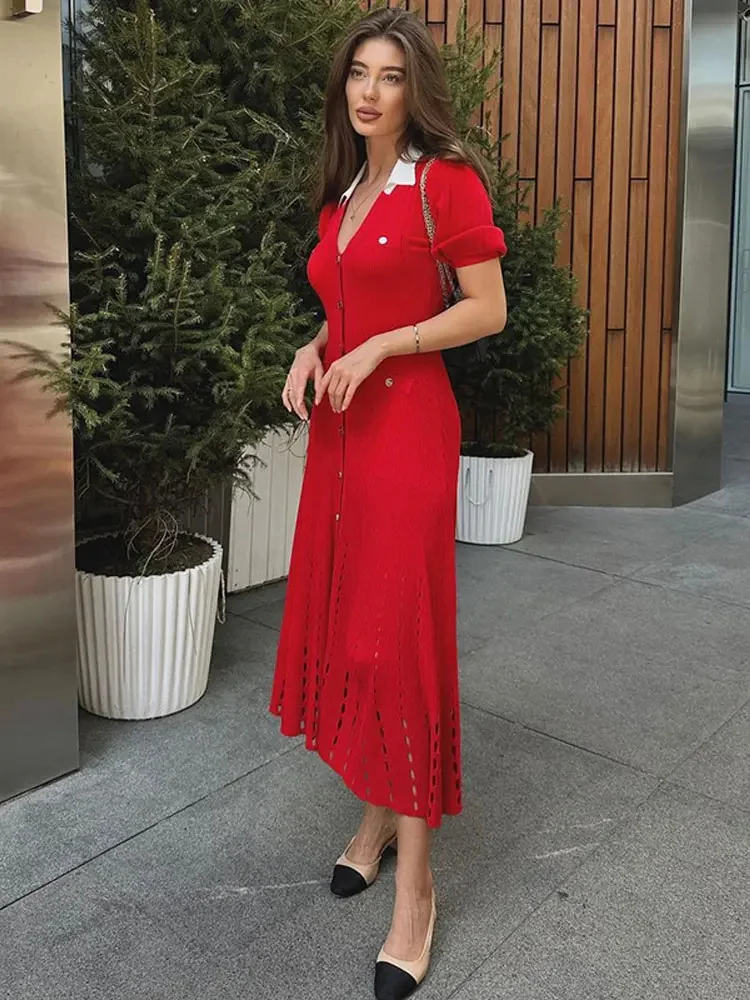 V-Neck Knit Contrast Long Dress Women Hollow Out Lapel Fashion High Waist Elegant Party Dress Knitwear Ladies Maxi Dress