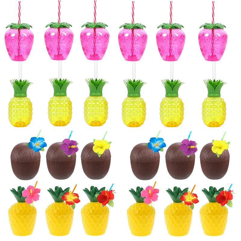 6/10pcs Hawaiian Summer Pineapple Coconut Drinking Cups Strawberry Shaped Juice Drink Cups for Birthday Wedding Beach Pool Party