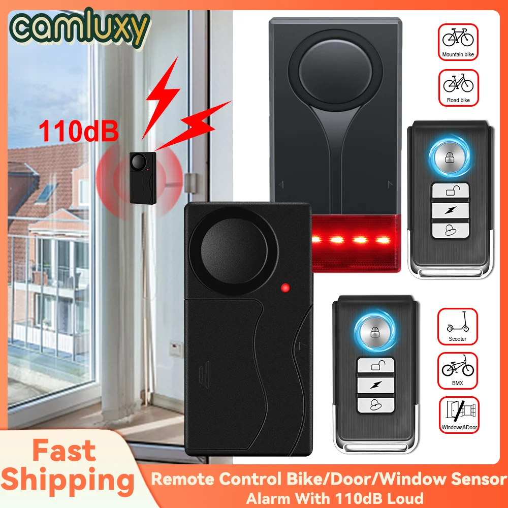 Security alarm Camluxy Anti-Theft 110db Loud Door and Window Alarm Wireless Vibration Remote Control Bicycle Sensors