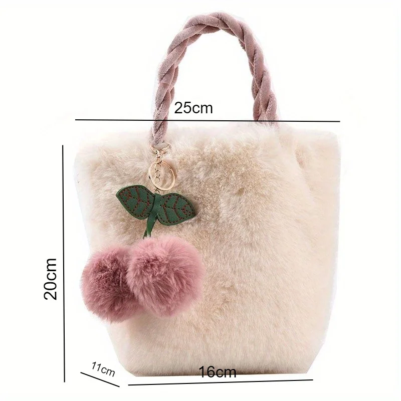 Cute Fashion Shoulder Bags Cherry Plush Tote Bag For Women Winter Warm Fluffy Bucket Bag Simple Cherry Plush Handbag