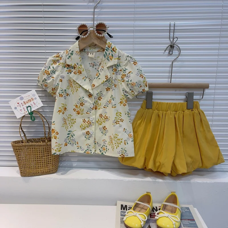 Girls' Suit2024Summer New Fashionable Children's Baby Floral Shirt Lantern Shorts Fashion23081