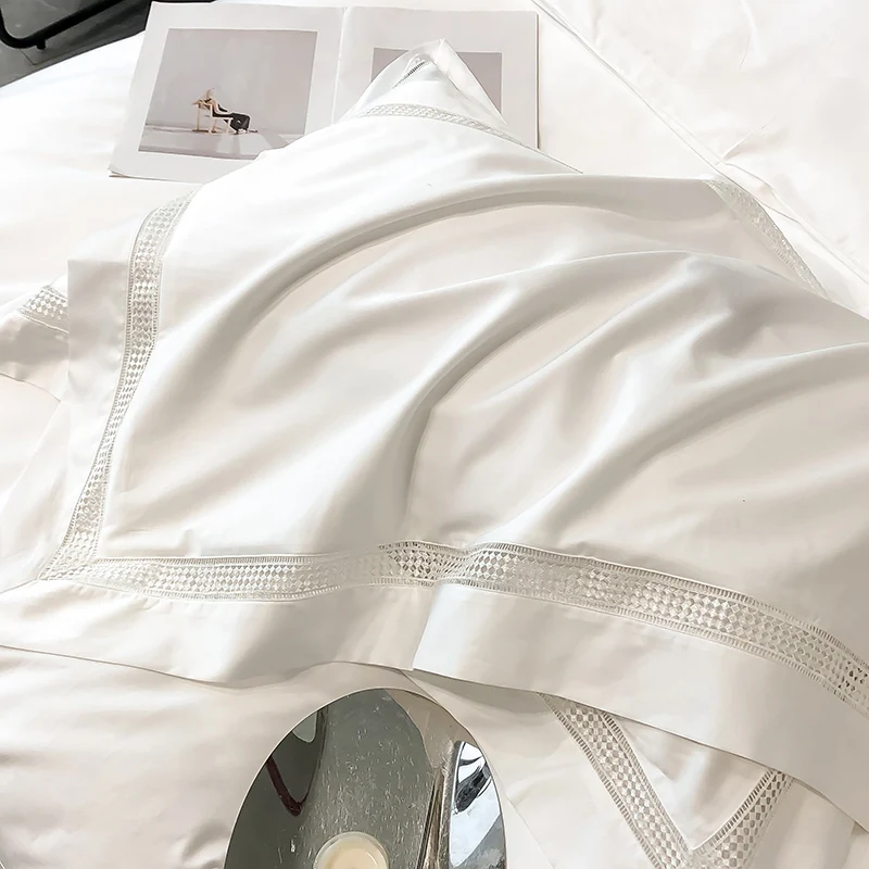 4Pcs Luxury 1000TC Egyptian Cotton White Hotel Style Bedding Set Hollow Wide Edge Duvet Cover Bed Sheet Fitted Sheet Pillowcases 4