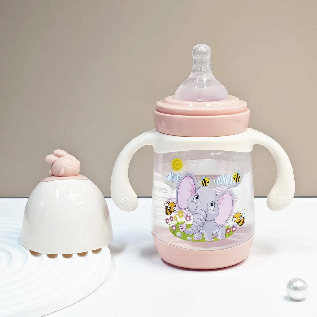 240ml Cartoon Chicken Baby Bottle with Dual Handles and Scale Line, Includes Cute Dust-proof Cover
