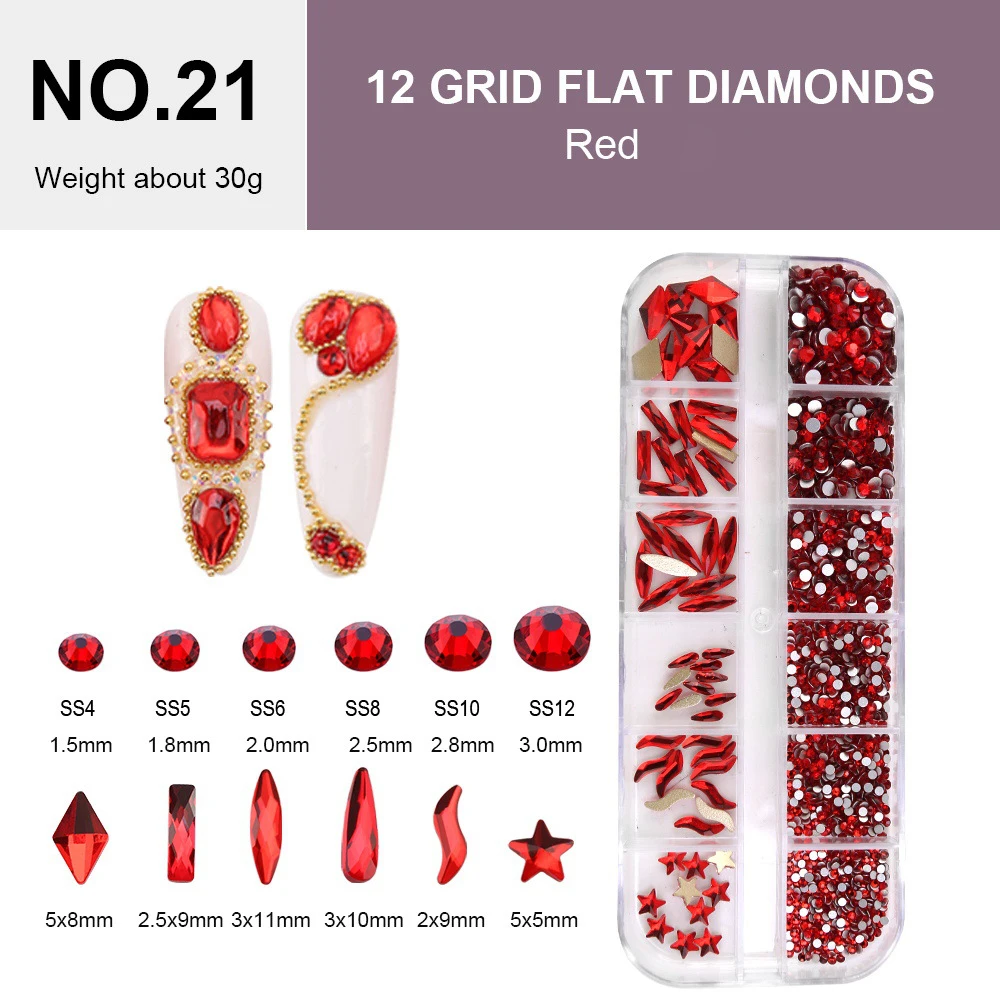

12 Grids Glitter Red Crystal Rhinestones Mix Shapes Nail Art Accessories Diy Decorations Nail Charms Free Shipping