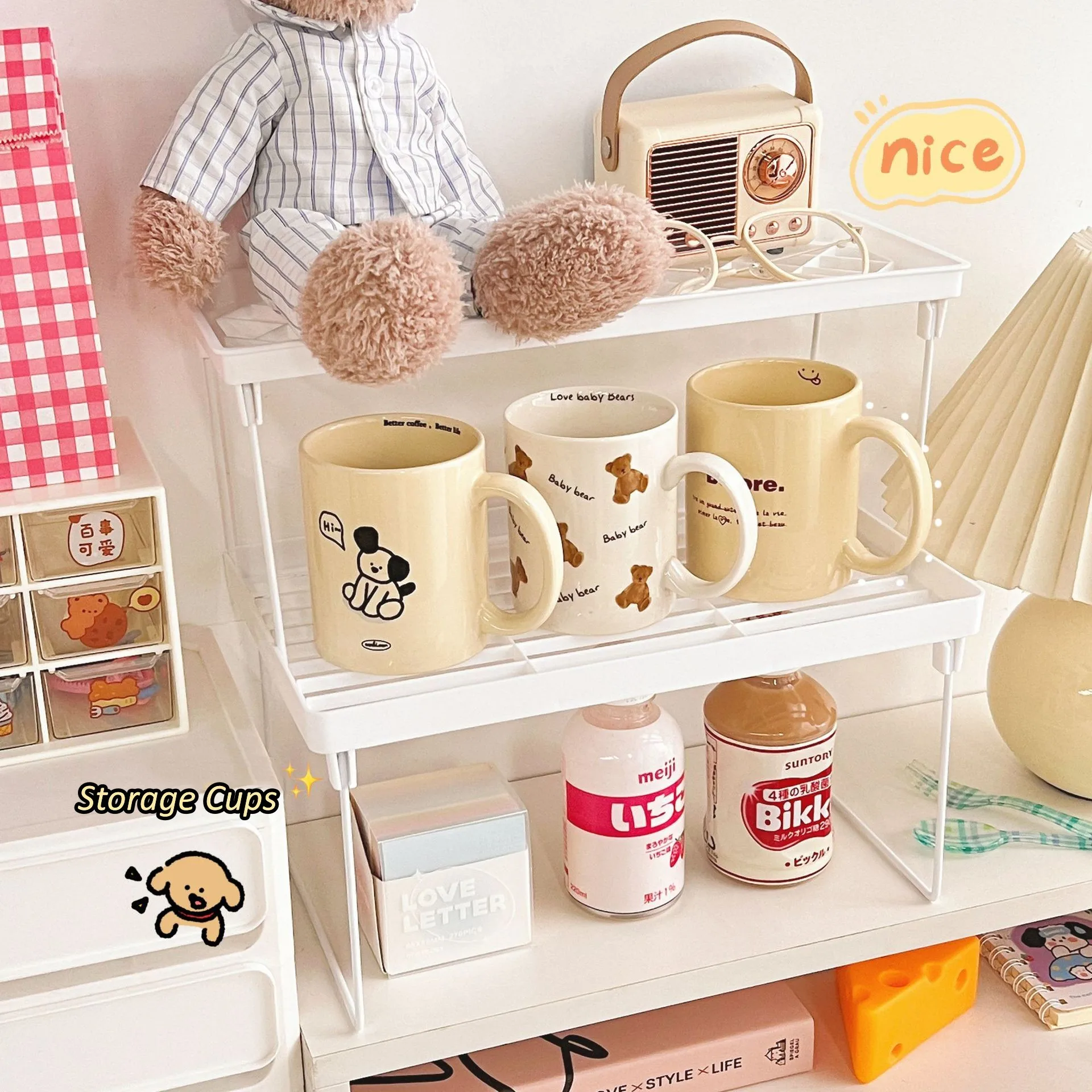 Korean Ins Desktop Folding Storage Rack White Stationery Organizer Student Desk Storage Holder Dormitory Office Cosmetics Shelf