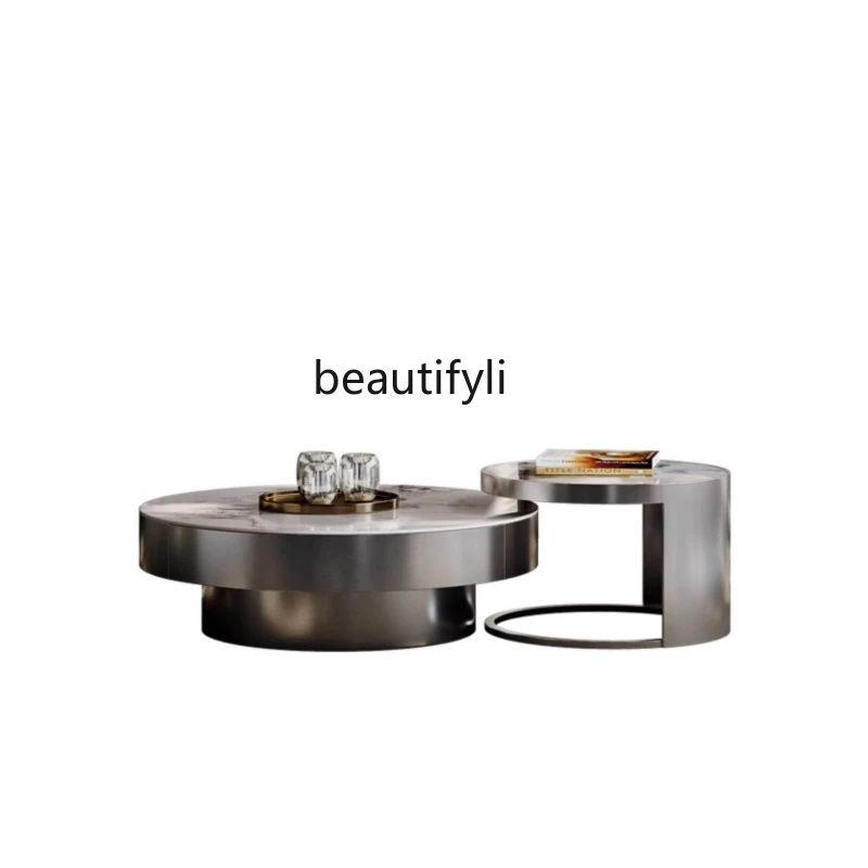 

Luxury Stone Rock Plate Tea Table round Modern Simple and Light Luxury Marble Microlite Coffee Table TV Cabinet Combination