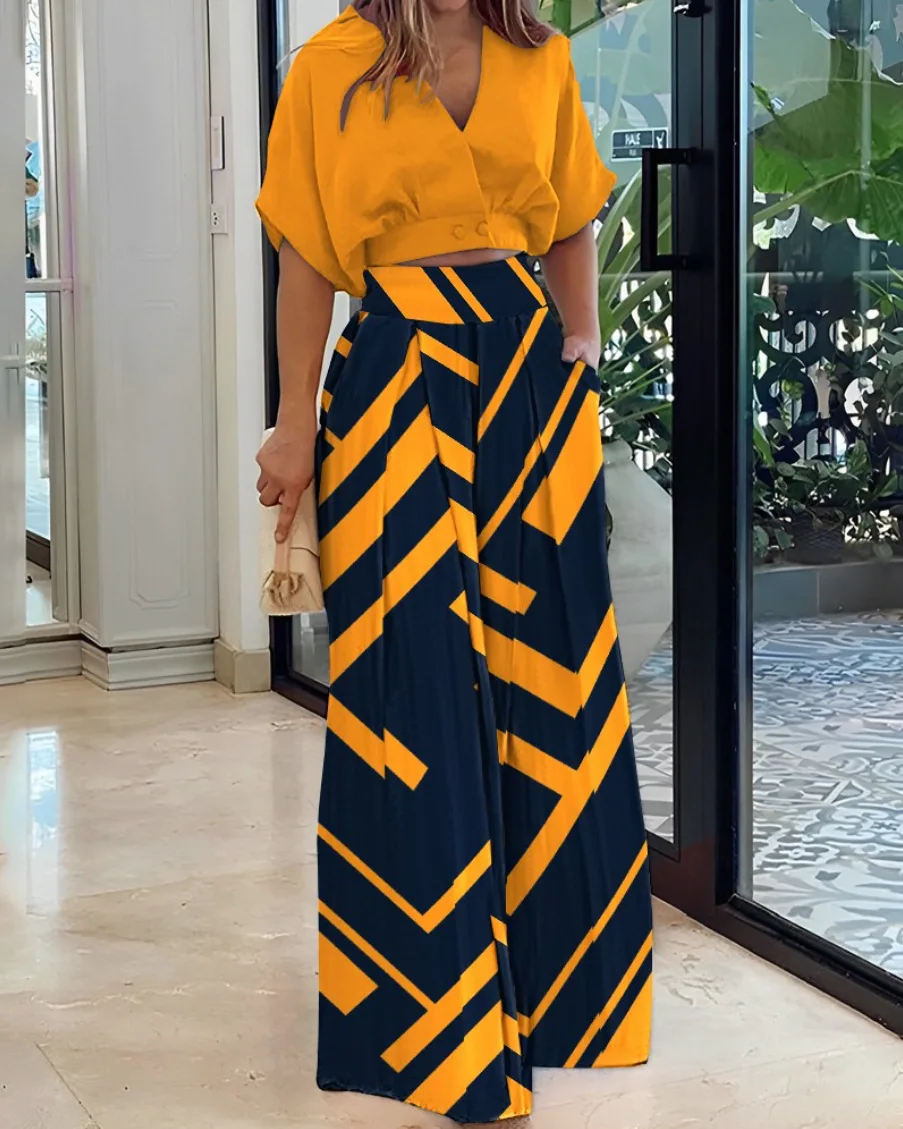XXX_KAO★カジュアルハイローヘムVネックトップス★L★他全2点set 2 Piece Sets Womens Outfits 2023 Autumn New V-neck Short
