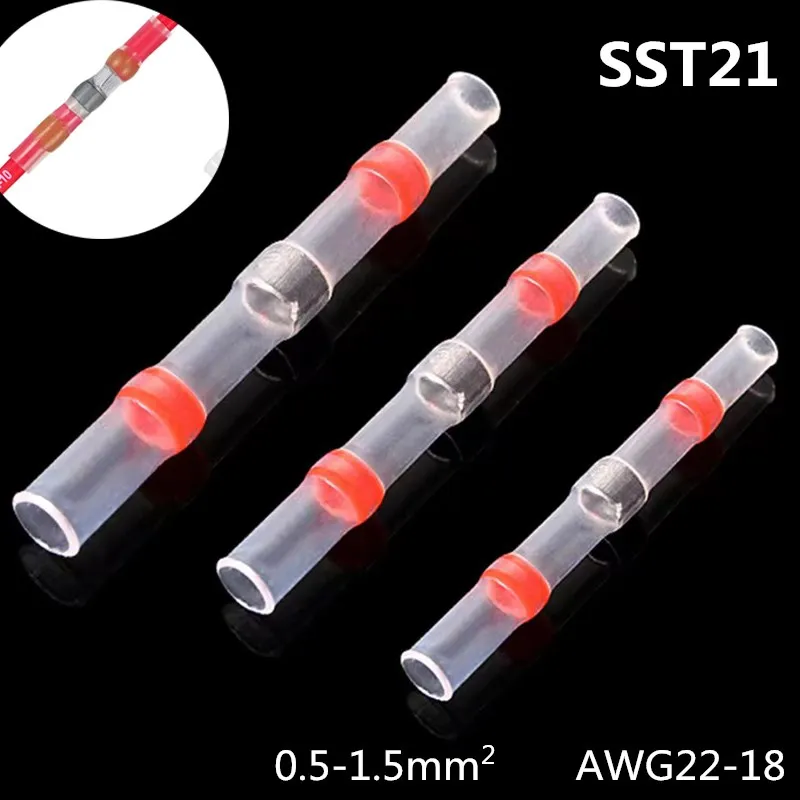Heat Shrinkable Wire Connectors 10/20/30PCS SST21 Waterproof Sleeve AWG22-18 Butt Electrical Splice Tinned Solder Seal Terminal |