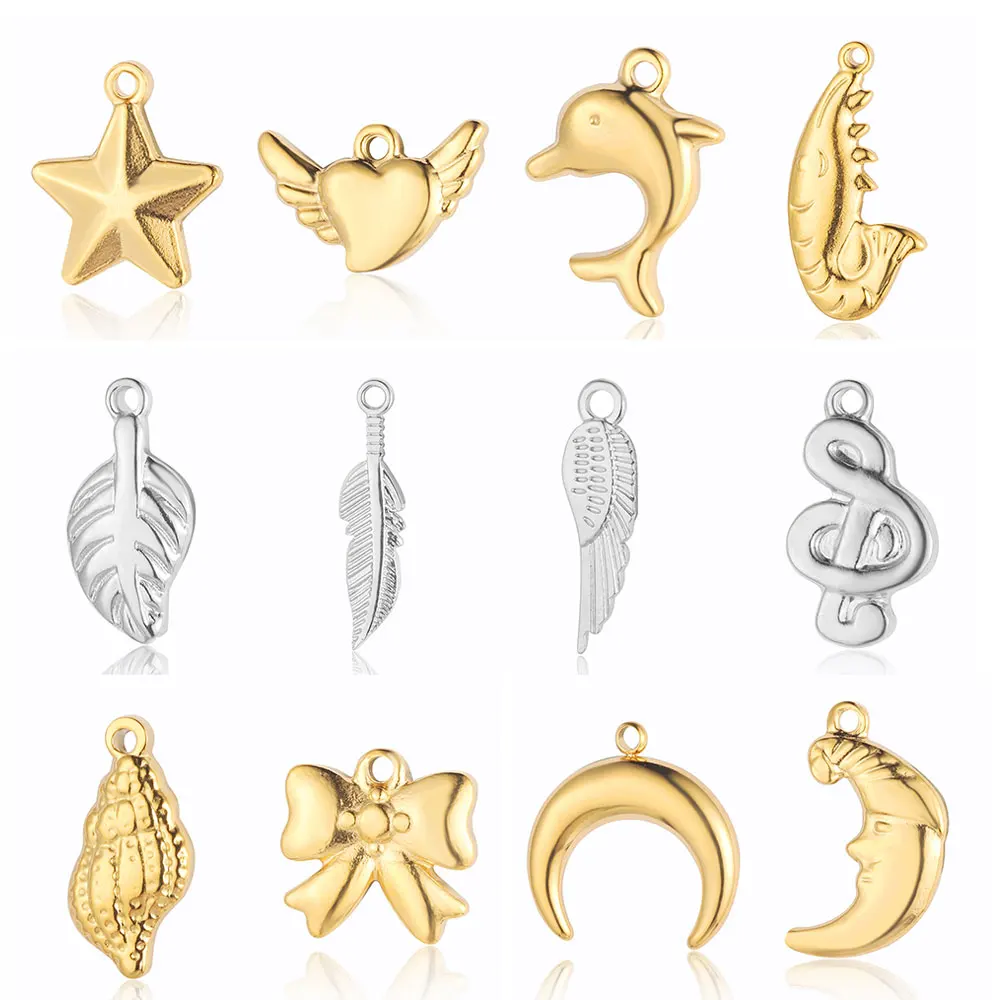 

5Pcs/Lot Feather Leaf Star Crescent Whelk Stainless Steel Charms Heart Wings Dolphin DIY Jewelry Earring Necklace Making Pendant