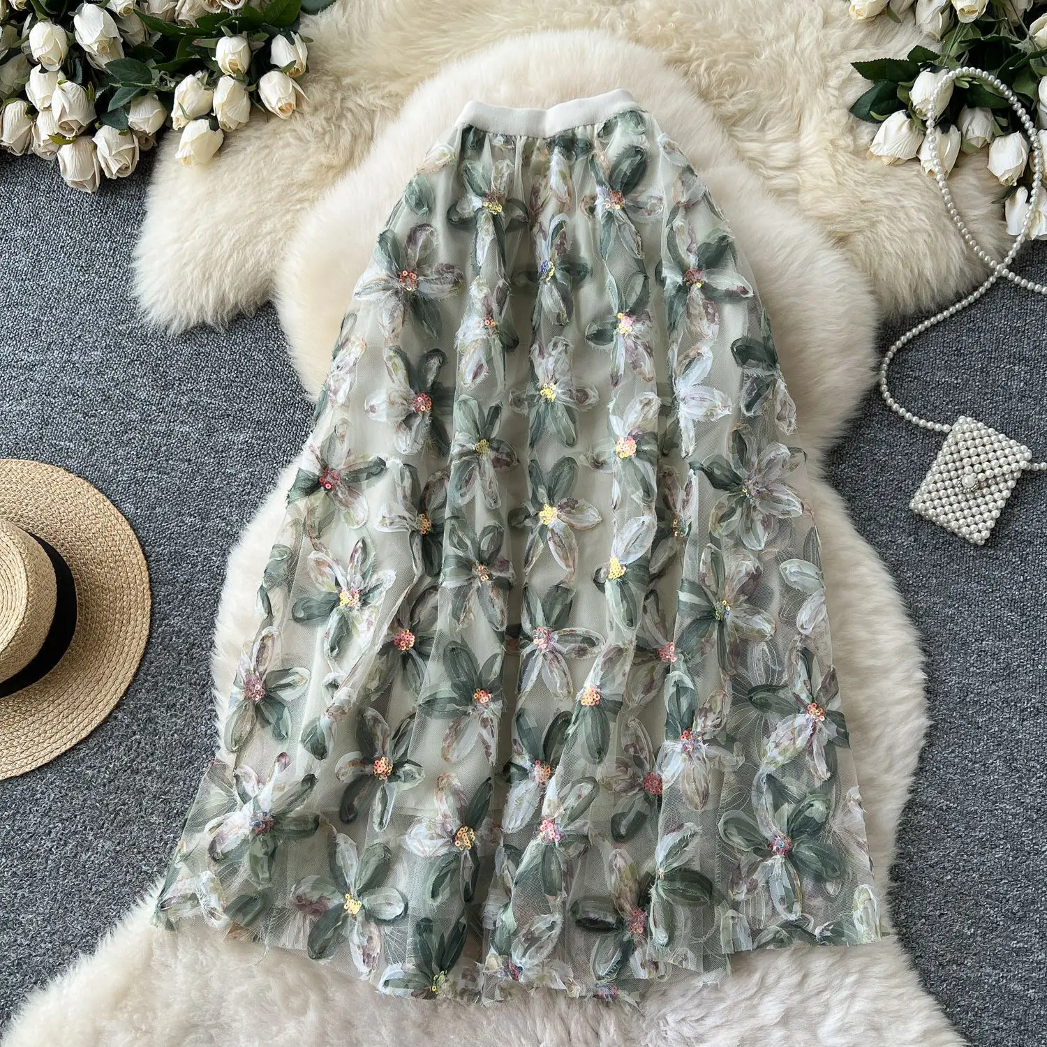 Autumn Winter Flower Embroidery Sequin Mesh Midi Skirts Women 2026 Korean Style Fashion Elegant High Waist Faldas