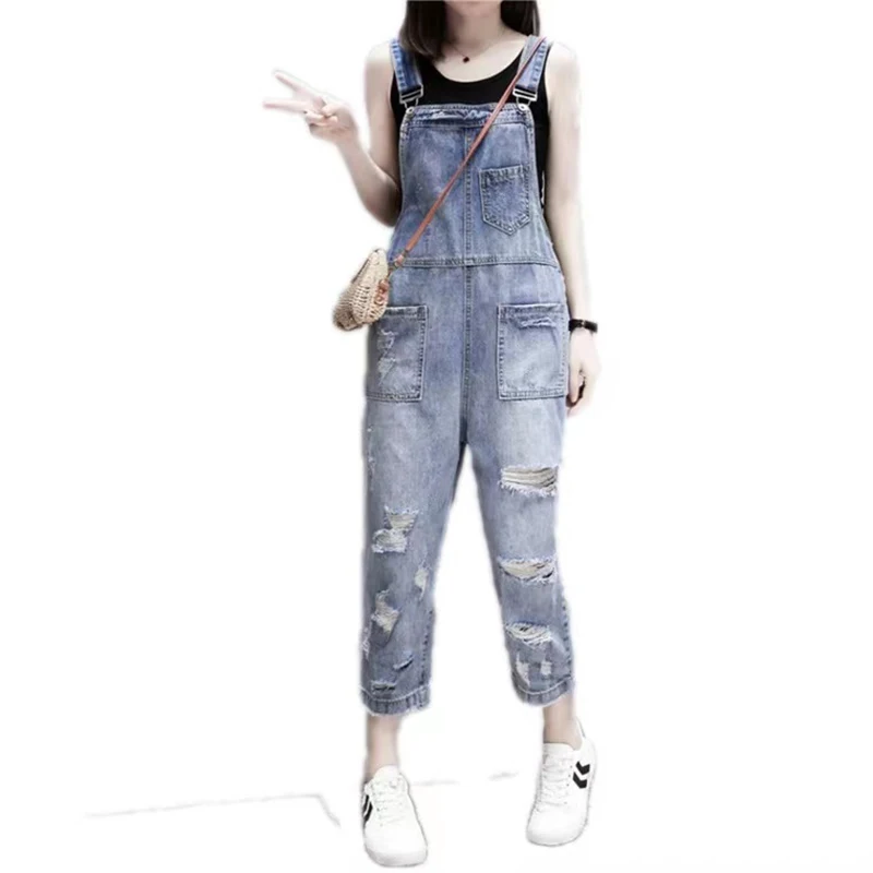 유럽 스타일 여성 찢어진 데님 점프 슈트, 2023 여름 새로운 스파게티 스트랩 포켓 캐주얼 전체 Playsuit Rompers