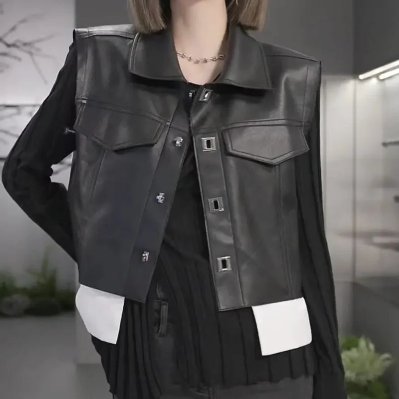 

2024Genuine Leather Vest Autumn/Winter New Fashion Commuter Style Polo Collar Acetic Acid Collar Short Sheepskin Top Tank To