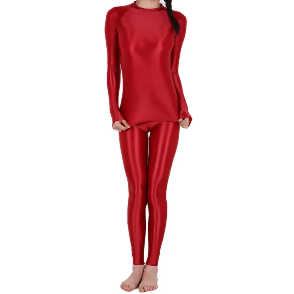 

Women Outfits Set Solid Color Glossy Long Sleeve T-shirts+Slim Leggings High Stretched Sport Dance Yoga Pants Lady Clothing Sets