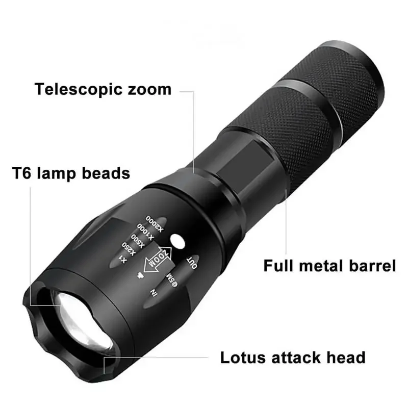LED Flashlights T6 Strong Light Flashlight Aluminum Alloy Telescopic Zoom Battery Version Charging Outdoor Searchlight Remote led flashlights