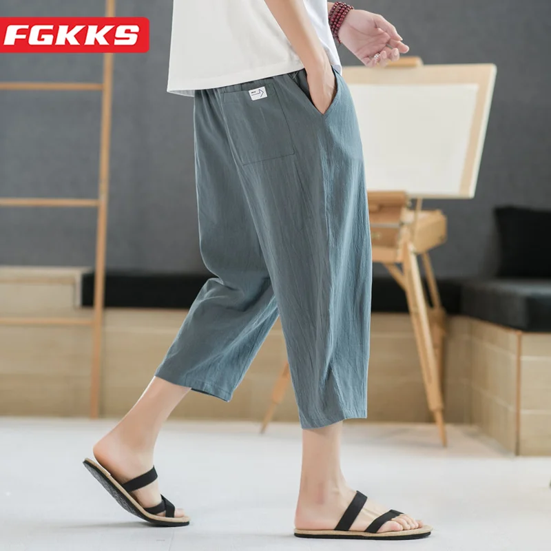 

FGKSS 2023 Casual Pants For Men Cotton Large Pocket Cotton Hemp Capri Pants High Quality Design Hot Casual Pants For Men