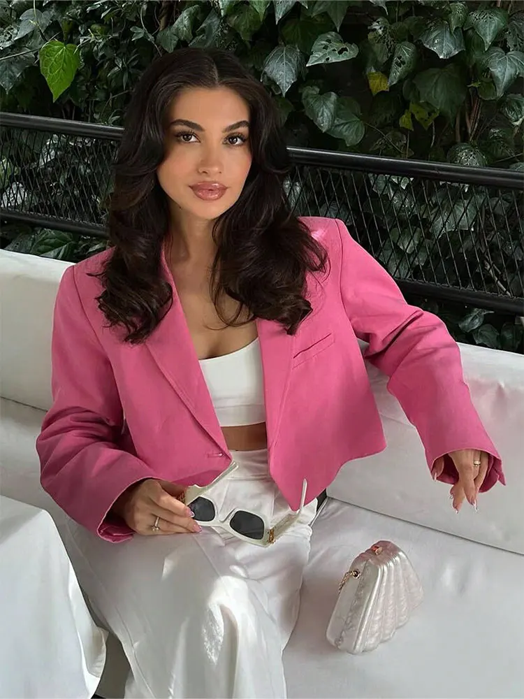 HH Women Elegant Fashion Pink Short Blazer Coat Slim Long Sleeve Single Button Jacket Female Casual Office Lady Chic Suit Tops