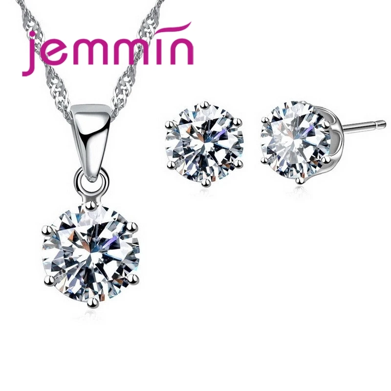 Factory Price 8 Colour Crystal 925 Sterling Silver Stud Earrings Necklace Set Women Party Jewelry Set