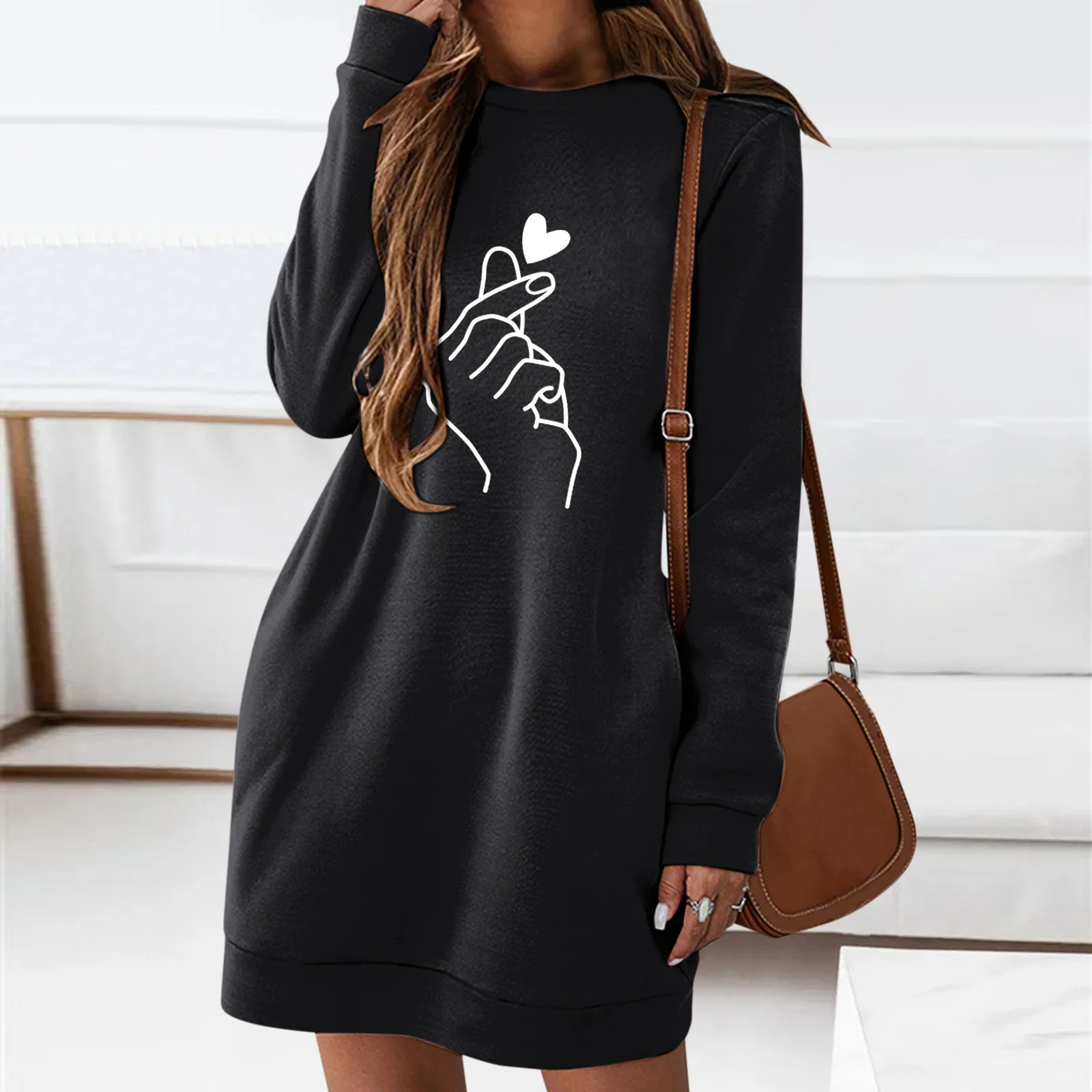 

Elegant Mini Dress Valentines Day Gifts For Her Girlfriend Women Round Neck Long Sleeve Sweat Shift Dresses Vestidos Ropa