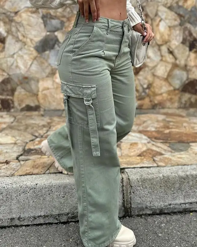 Green-Cargo-Pants-Pocket-Design-High-Waist-Button-Solid-Color-Pants ...