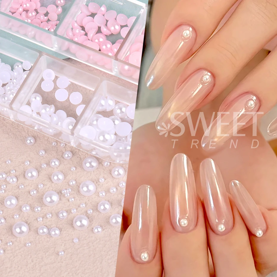1Box Pink White Flatback Pearls Nail Art Charms Rhinestones Gems Half Round Pearls Nail Supplies for Women Manicure Accessories