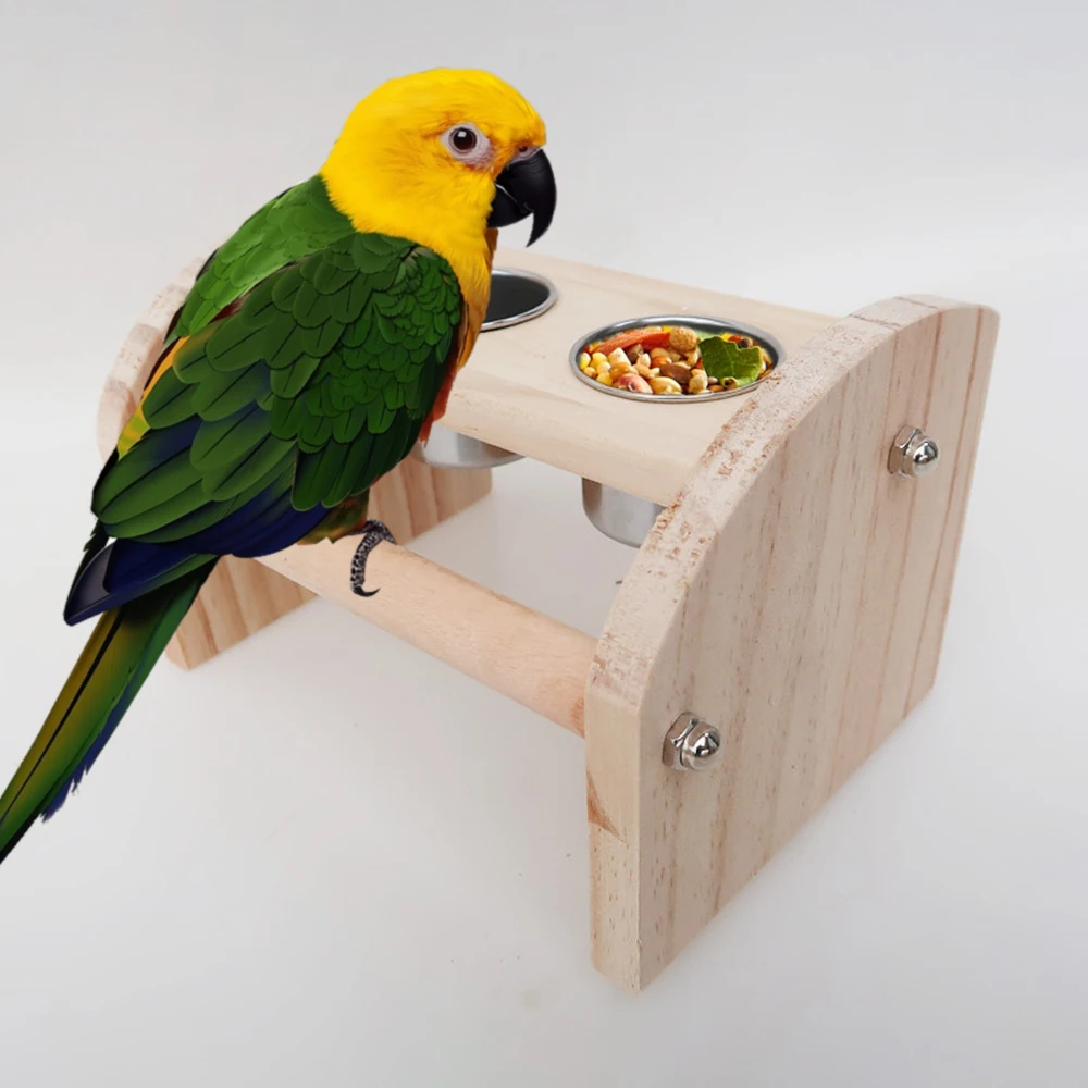 1 pc Wood Bird Standing Board Toy with Stainless Steel Bowls Bird Perch Feeding Cups for Small Animals Parrot Cage Supplies