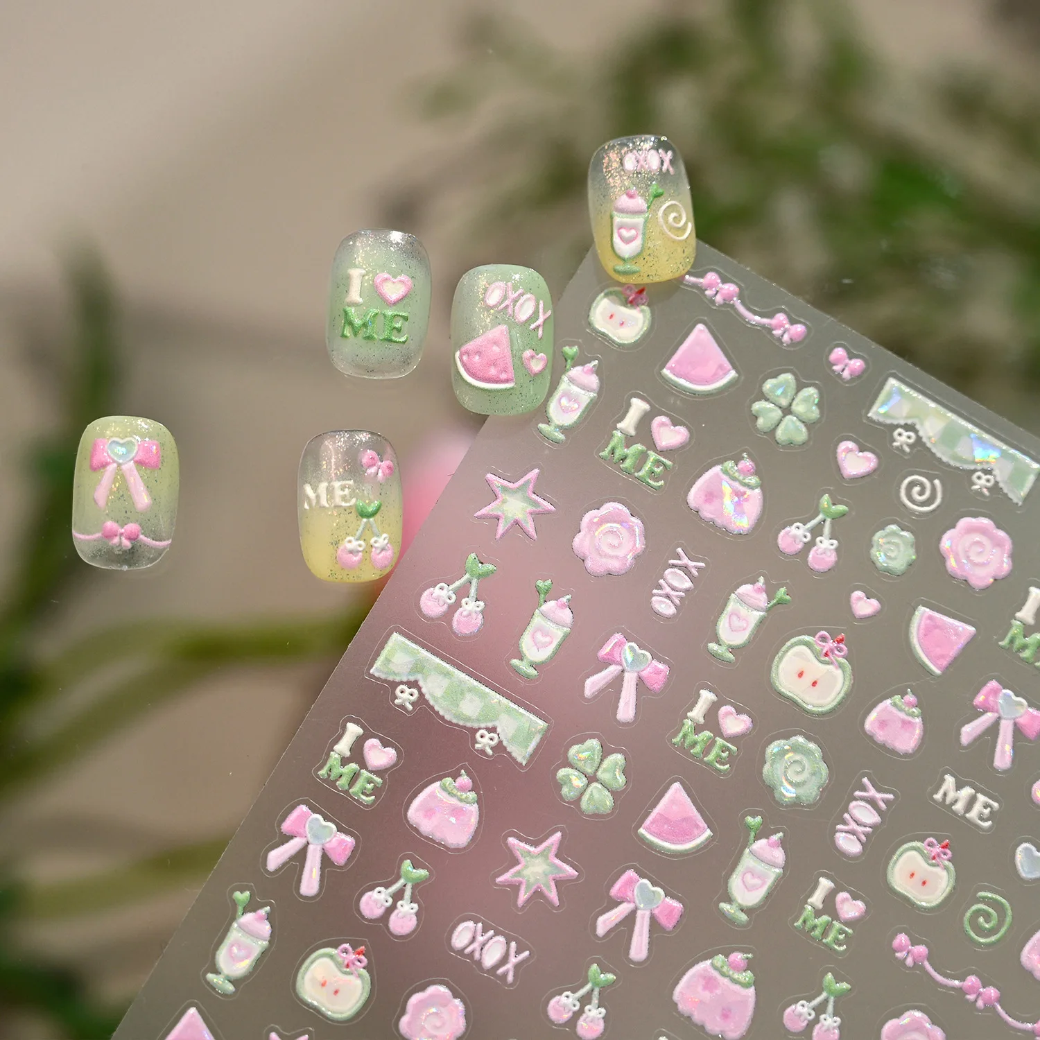 사랑스러운 반짝이는 리본 수박 행운의 풀 사과 체리 푸딩 별 3D 셀프 접착 네일 아트 스티커 디저트 매니큐어 데칼