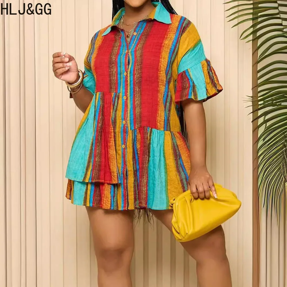 

HLJ&GG Boho Printed Shirt Dress for Women Ruffles A-line Loose Casual Dresses Summer 2024 Holiday Beach Street Dress