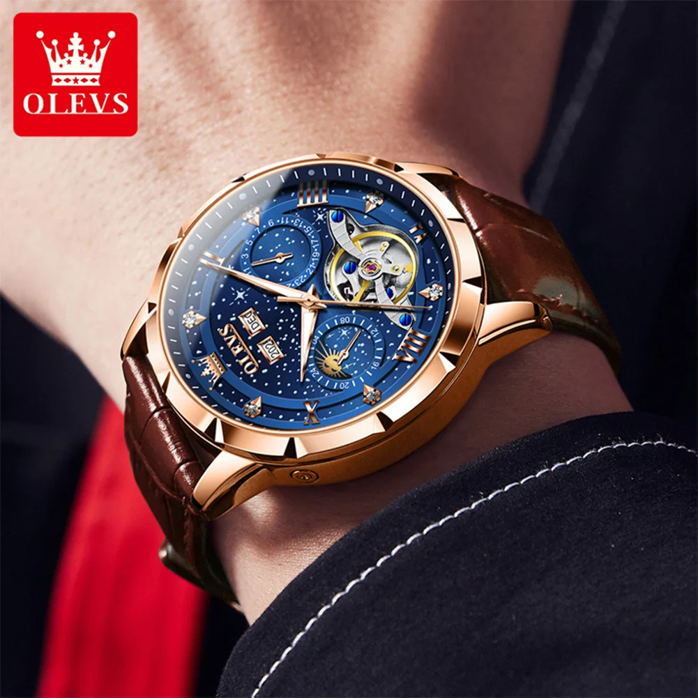 OLEVS 6690 Men's Watch Fashion Business Date Moon Phase Mechanical Men Watches Luxury Hollow Original Waterproof Watch For Men