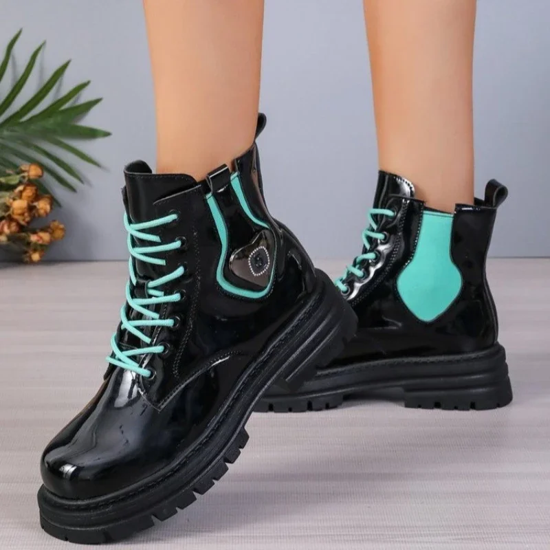 

Женские резиновые ботинки на квадратном каблуке, ботинки смешанных цветов на шнуровке с перекрестной шнуровкой, ботинки из искусственной кожи на среднем каблуке с круглым носком