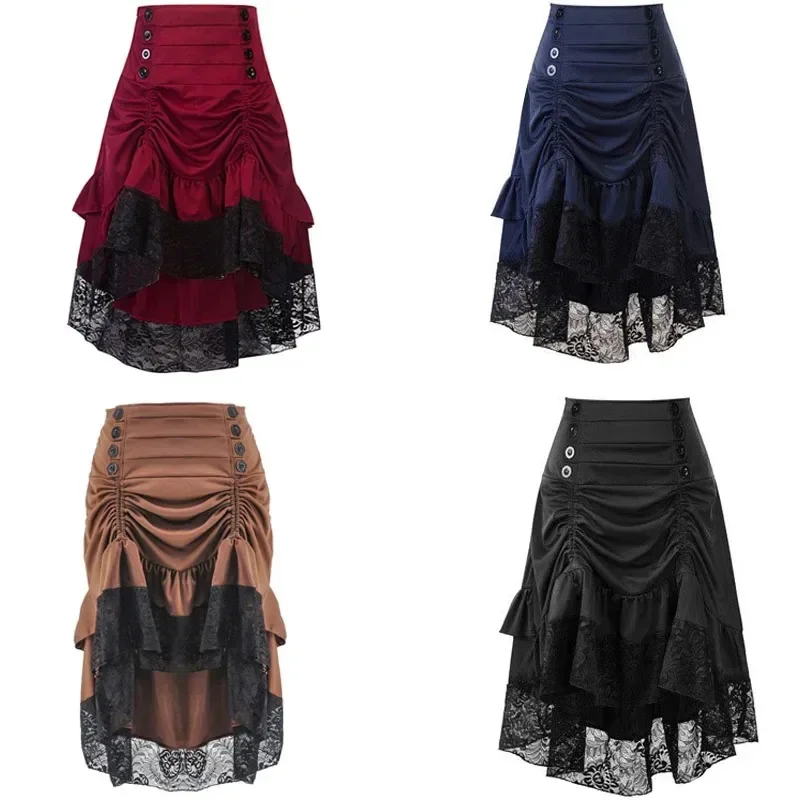 

High Low Lace Skirt Shirring Vintage Lolita Skirt Women Summer Boho Patchwork Knee Length Gothic Punk Skirt Pirate Costume