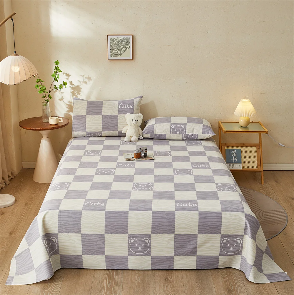 Checkerboard Bear Bed Sheet Set 3Pcs Cotton High Quality Bedsheet Sets Comfortable Breathable Queen Bedding with Pillowcases 1