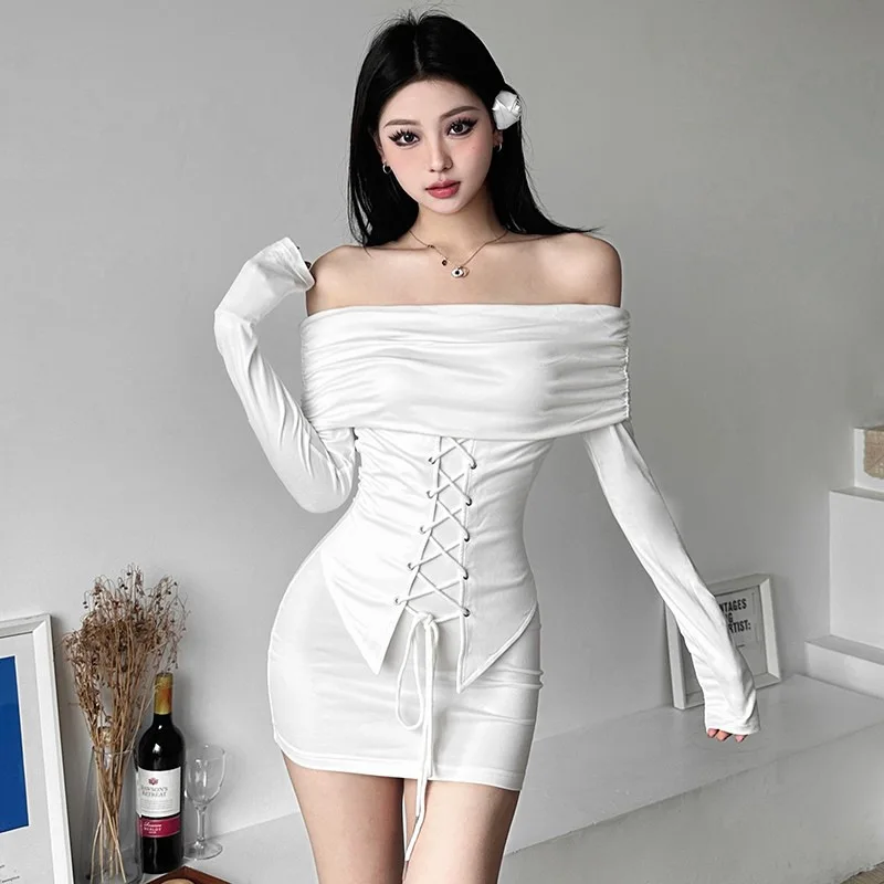 

2024 Summer Women Solid Slash Neck Long Sleeves Dress Sexy Cross Bandage Sheath Mini Dresses Sheer Party Slim Clubwear