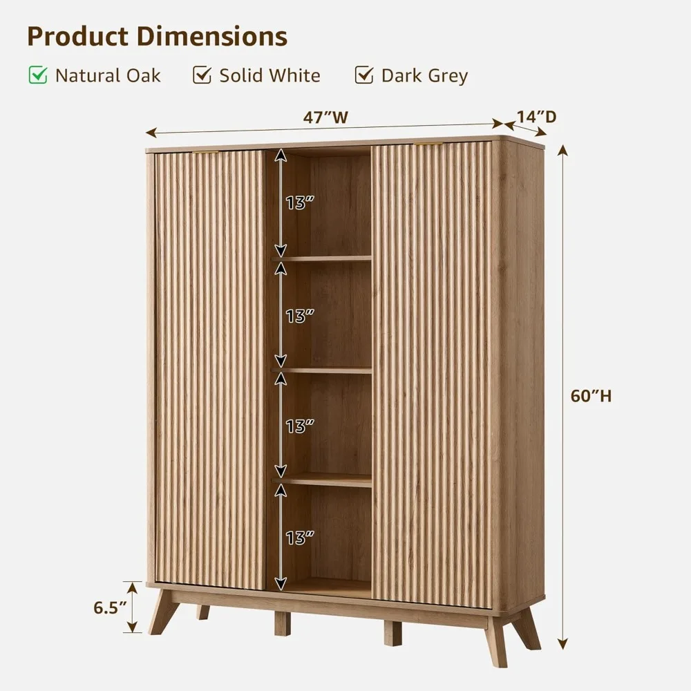 Fluted Shoe Storage Cabinet with 2 Sliding Doors, 6-Tier Adjustable Shelves, 60" Tall Large Shoe Organizer, Wooden Shoe Rack 2