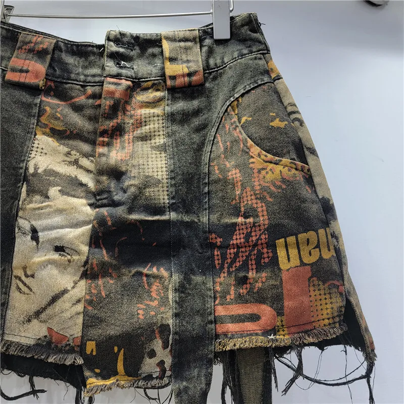 DEAT Women's Denim Skirt Printed Patchwork Do Old Irregular