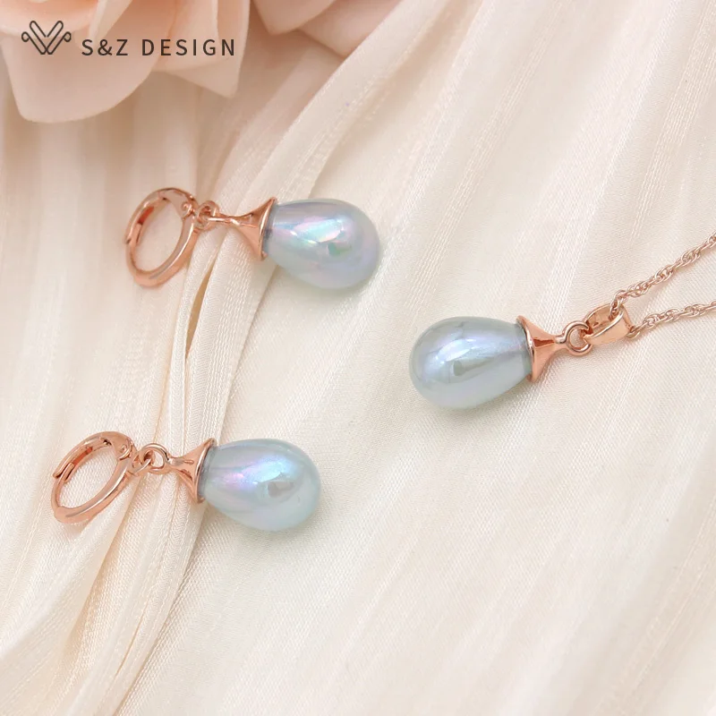 S&Z DESIGN New Fashion Colorful Water Drop Simulated-pearl Dangle Earrings Jewelry Sets For Women Wedding Pendant Necklace Gift