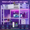 Loft Bed Twin Size with L-Shaped Desk, LED Lights,Charging Station, Twin Metal Loft Bed Frame with Fabric Drawers & Shelve 4