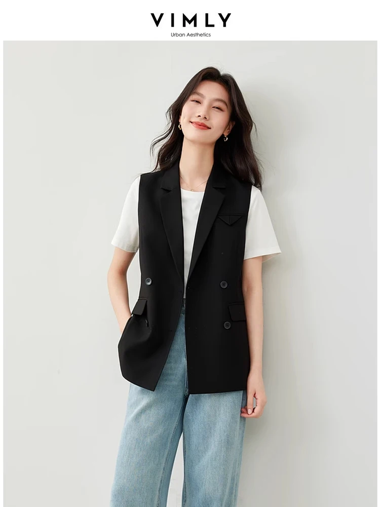 

Vimly Black Notched Double Breasted Vest Blazer Coat 2024 Spring Office Lady Solid Sleeveless Suit Jacket Women's Clothing M6578