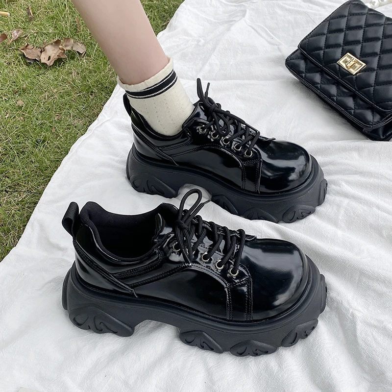 

Women's Platform Shoes 2023 Spring New Lace Up Increased Jk Student Mary Janes Black Shoes for Women Vintage Women Leather Shoes