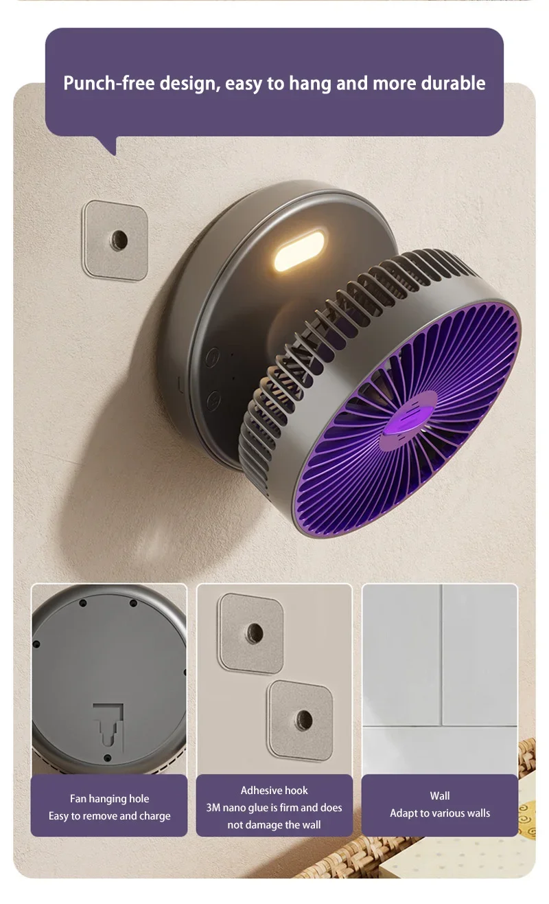 5000mAh 3IN1 Rechargeable Multifunctional Portable Fan Wall Mounted Fan 90° Folding Fan 4 Gears With Warm Night Light New 2025